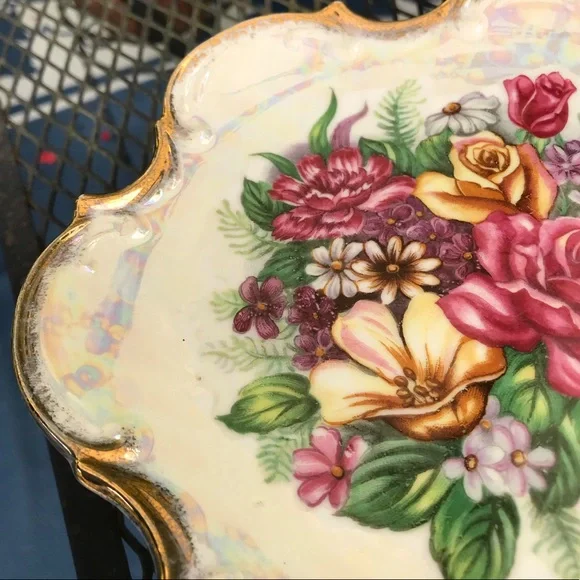 Vintage Lusterware Luster Vibrant Floral Pedestal Compote Gorgeous! - Picture 2 of 10